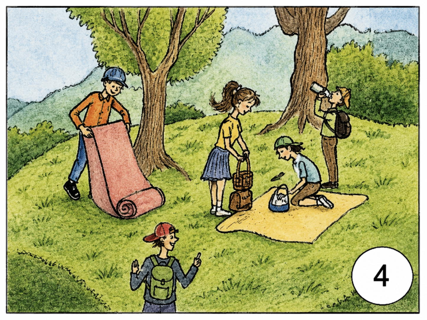 Kinder beim Picknick im Grünen, einige sitzen, trinken und packen aus.